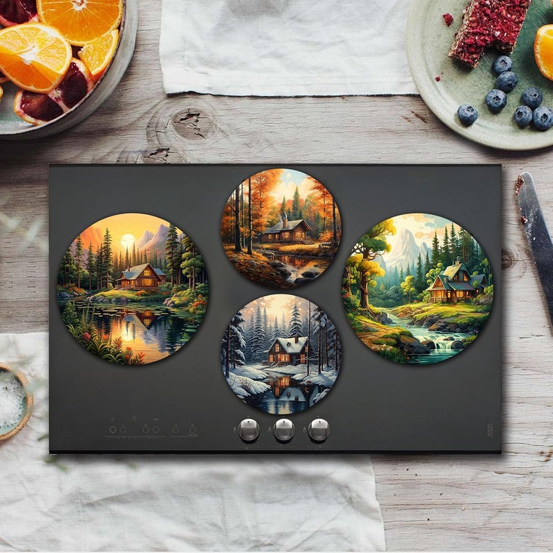 Tucocoo 4 Pieces Family Round Stove Burner Covers Set,2 Pieces 8 Inches and 2 Pieces 10 Inches,Black Gas Stove Burner Covers,Electric Stove Burner Covers,Four Seasons Forest Metal Stove Burner Cover Kits - Image 5